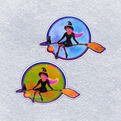 Witch on a Broom (Holographic Star) Vinyl Sticker