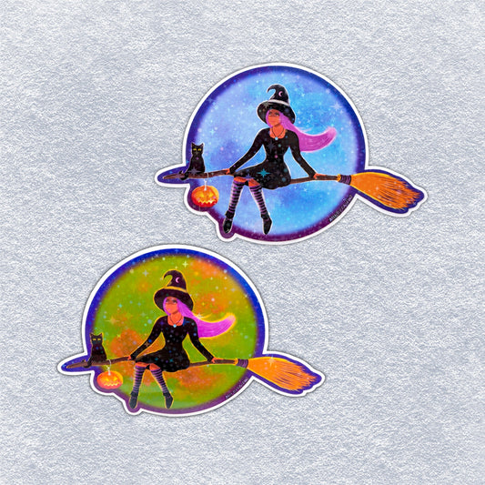 Witch on a Broom (Holographic Star) Vinyl Sticker