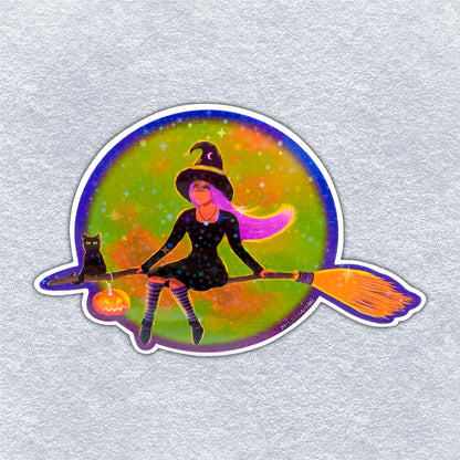 Witch on a Broom (Holographic Star) Vinyl Sticker