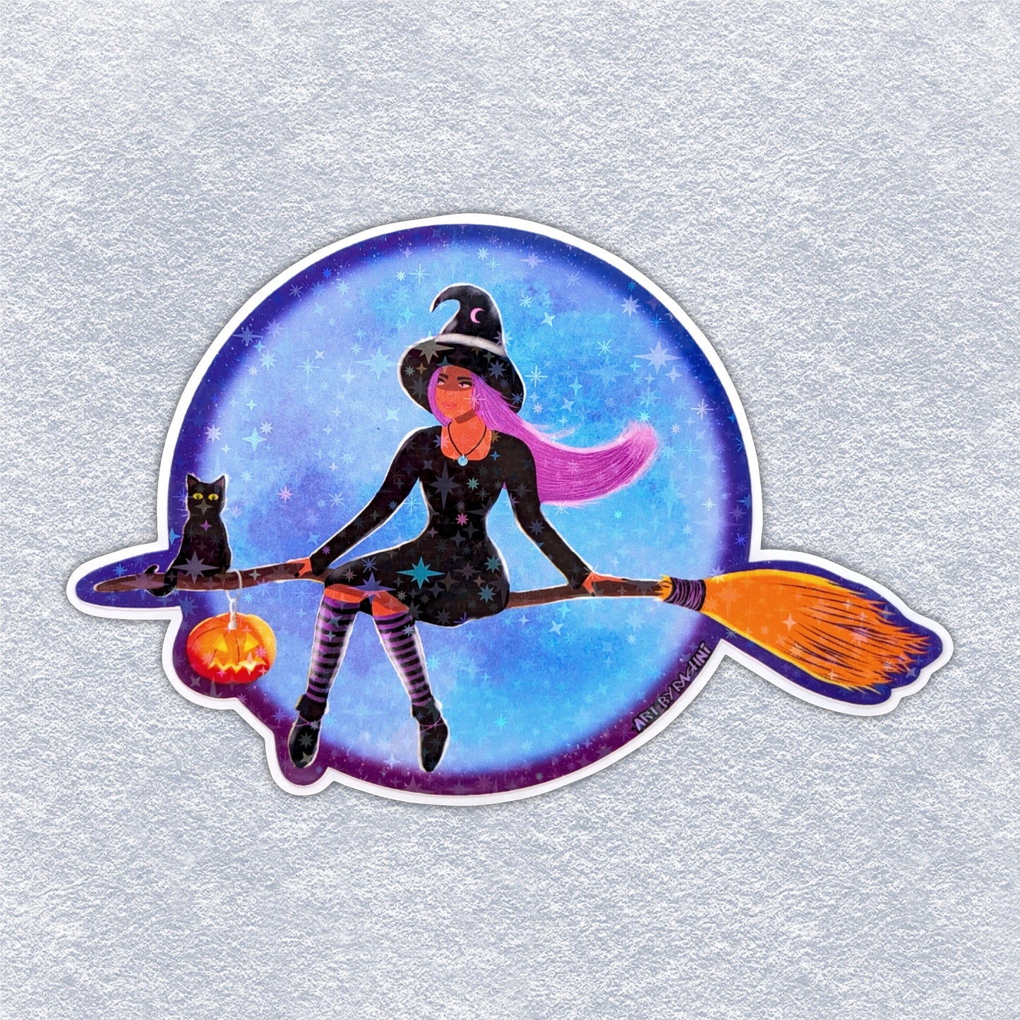 Witch on a Broom (Holographic Star) Vinyl Sticker