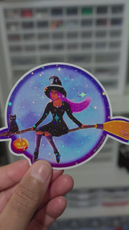 Witch on a Broom (Holographic Star) Vinyl Sticker